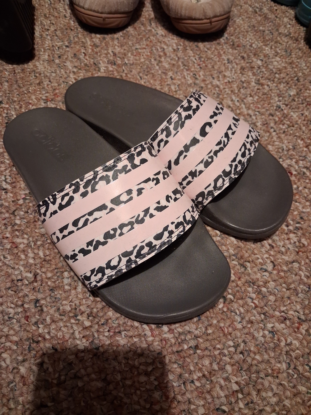 adidas Pink and Black Leopard Print Slide Sandals
